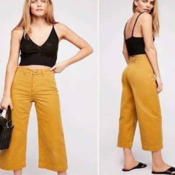 NWOT Free People patti wide leg crop pant in mustard - Picture 1 of 15